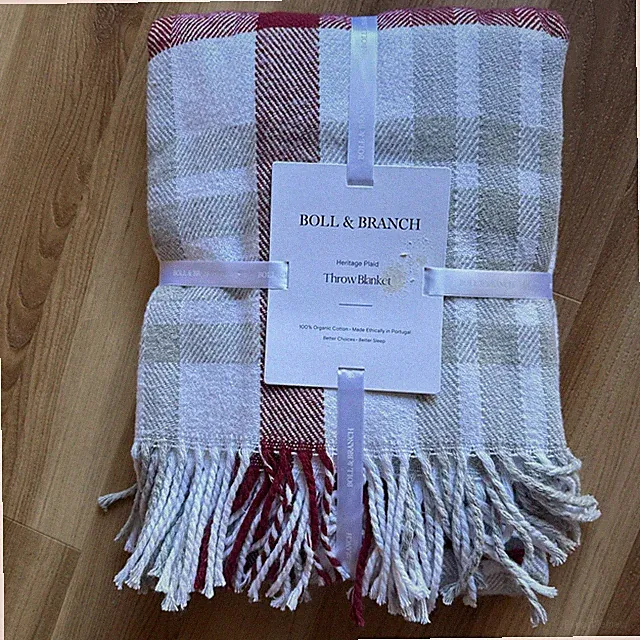 Boll And Branch Heritage Plaid Throw Blanket 50x70 100% Organic Cotton Red/Gray