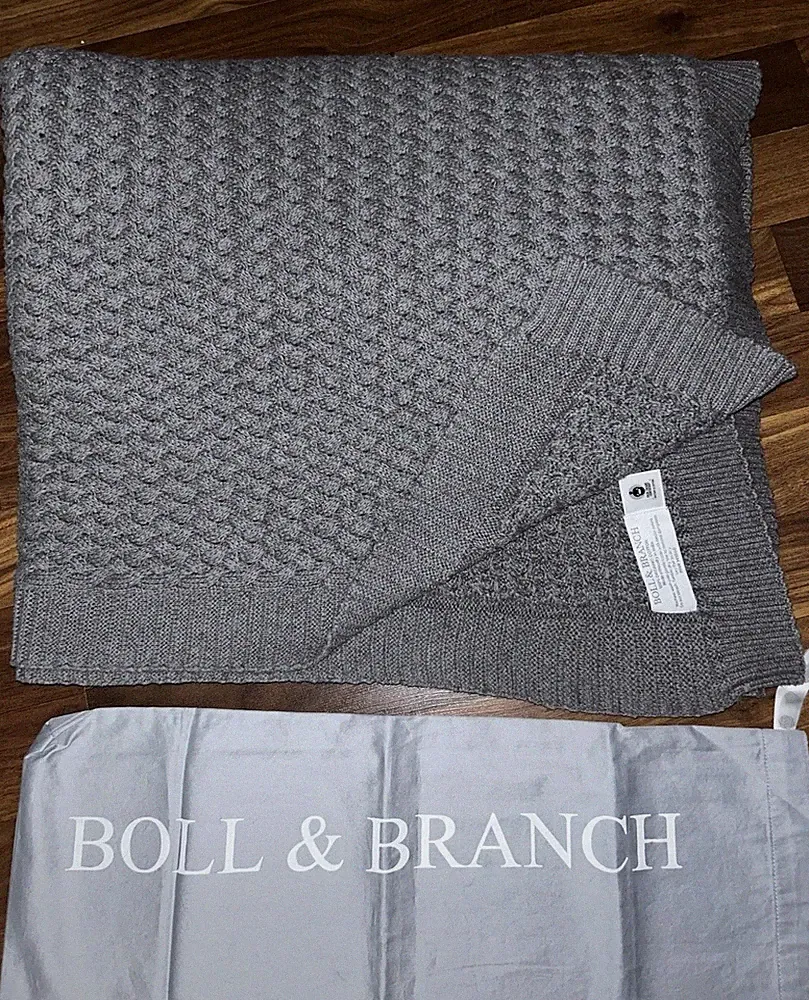 Boll & Branch 100% Organic Cotton Gray Weave Basketweave Bed Throw Blanket (READ