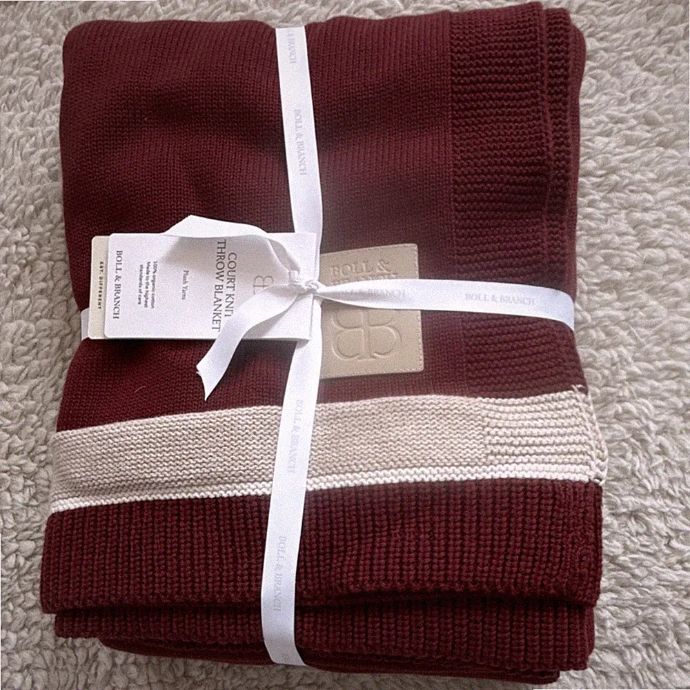 Boll & Branch Court Knit Throw Blanket Red Beige Cotton 50x60in Modern Luxury