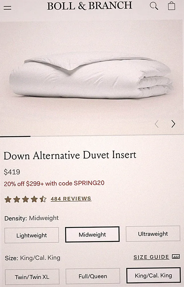 Boll & Branch Down Alternative Duvet Insert | King Size andMid-weight Density
