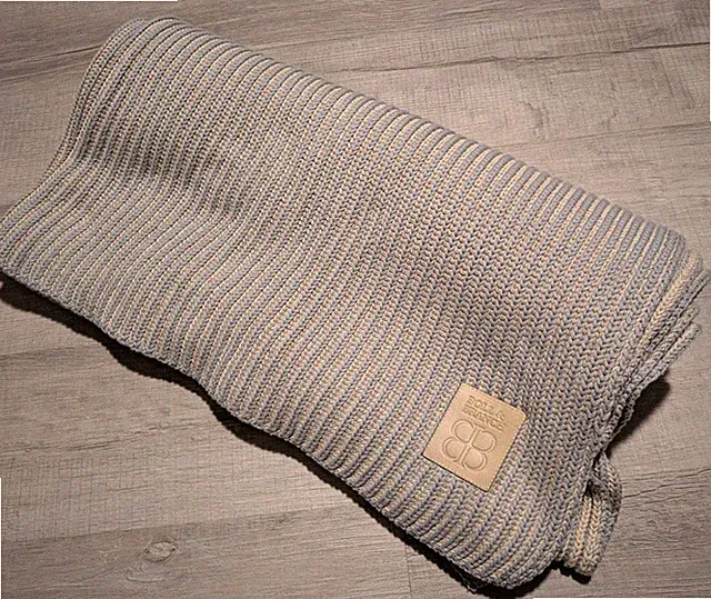 Boll & Branch Ribbed Knit L Throw Blanket Organic Cotton Coastal Beach Blue Tan