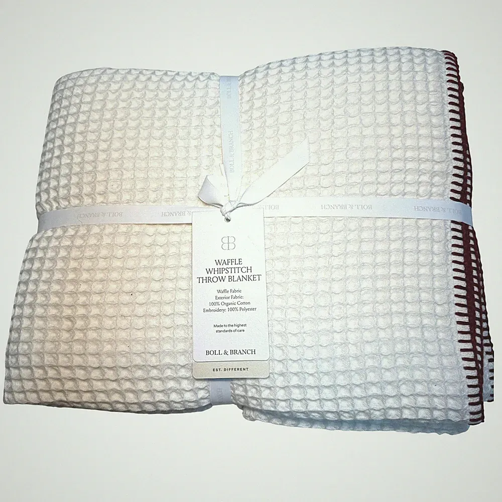 Boll & Branch Waffle Whipstitch Throw Blanket 100% Organic Cotton Cream Burgundy