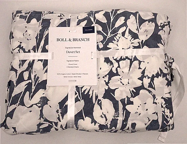 NEW Boll & Branch Full/Queen 100% organic cotton Duvet Set floral navy/white